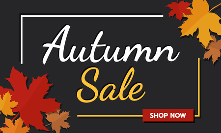 Sale banner promotion autumn season on dark background with falling maple leaves and text. Autumn season and shopping online theme, flat vector illustrationのイラスト素材