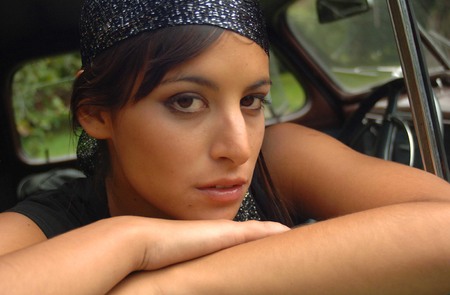 Beautiful brunette's faceの写真素材