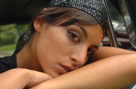Beautiful brunette 's faceの写真素材