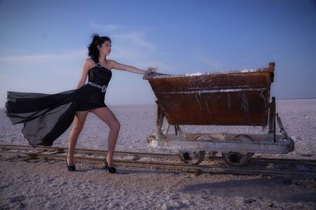 Beautiful young girl on the salt flatの写真素材