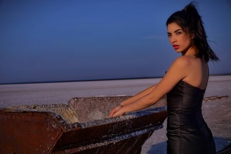 Sensual young woman on the salt flatの写真素材
