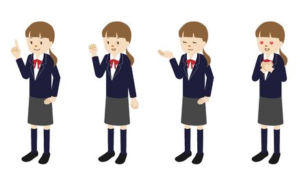 Illustration set of 4 poses of a female High school student standingのイラスト素材