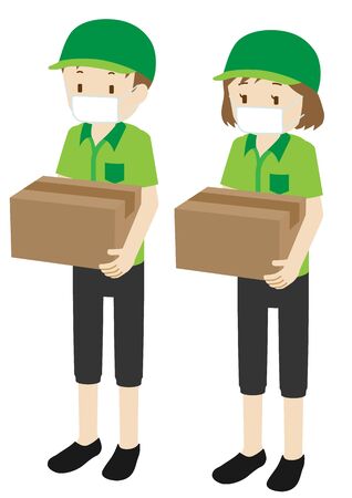 Illustration of male and female courier delivery persons wearing a maskのイラスト素材