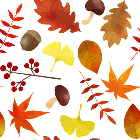 Illustration of autumn seamless pattern (material of autumn leaves and mushrooms scattered on a white background)のイラスト素材