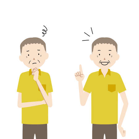 two pose set of a senior man illustrations (worry / solution)のイラスト素材