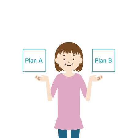 Illustration of a girl comparing two plans (choices)のイラスト素材