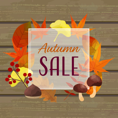 Sale and fair banner templates. Autumn background material with vector illustrations of many fallen leaves and mushroomsのイラスト素材