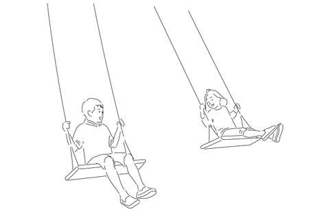 Illustration of brother and sister riding on a swing (white background, vector, cut out)のイラスト素材