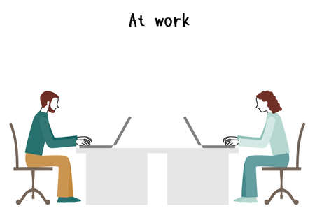 Illustration of a man and a woman working at a computer(white background, vector, cut out)のイラスト素材