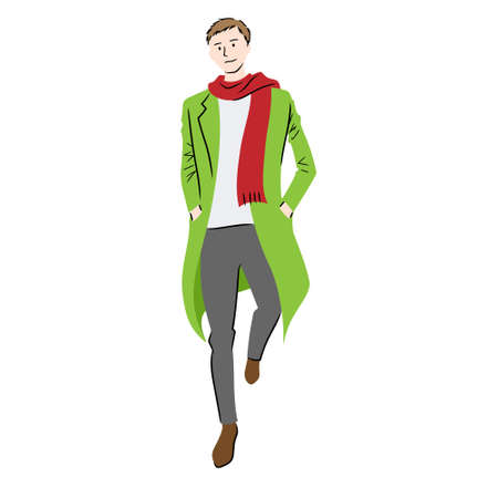 Illustration of a man walking down the street wearing a scarf (white background, vector, cut out)のイラスト素材