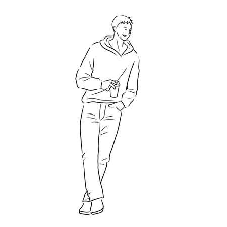 Illustration of a man drinking coffee being held on the counter (white background, vector, cut out, line art)のイラスト素材