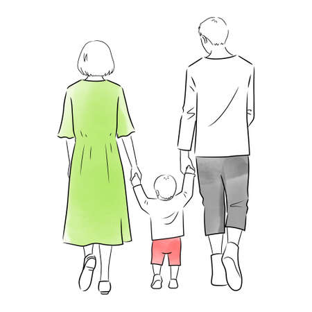Illustration of back view of the family on a walk (white background, vector, cut out)のイラスト素材