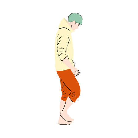 Illustration of a man in a hoodie walking barefoot (white background, vector, cut out)のイラスト素材