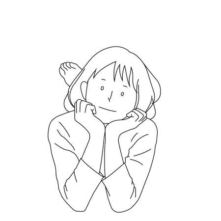 Illustration of a girl resting her face on her hands (white background, vector, cut out)のイラスト素材