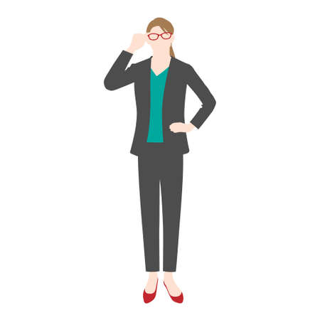 Illustration of businessman putting her hand on her glasses (white background, vector, cut out)のイラスト素材