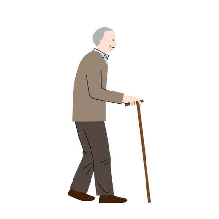 Illustration of a senior man walking with a cane (white background, vector, cut out)のイラスト素材