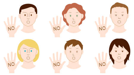Illustration of people with one hand sticking out to indicate "NO" (white background, vector, cut out)のイラスト素材