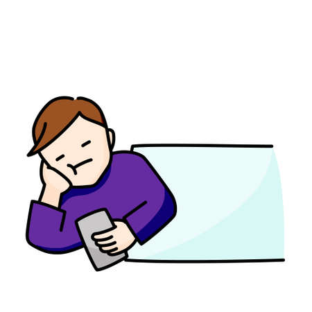 Illustration of a man lying down and playing with his smartphone (white background, vector, cut out)のイラスト素材