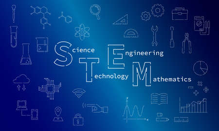 Concept illustration of STEM education with icons scattered on the background (vector)