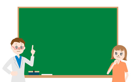 Concept illustration of education, teacher and child in front of the blackboard (white background, vector, clipping)のイラスト素材