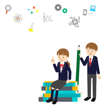 Concept illustration of education, A girl sitting on a book and a boy holding a pencil (white background, vector, clipping)のイラスト素材