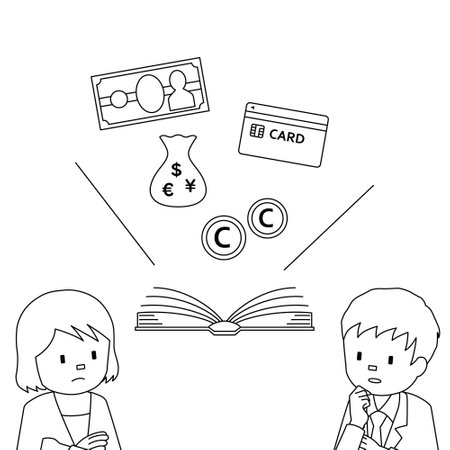 Concept illustration of financial literacy, men and women learning money knowledge (white background, vector, clipping)のイラスト素材