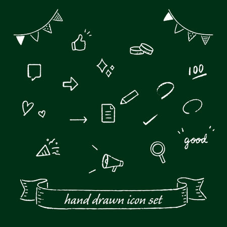 Illustration set of hand-drawn icons and decorations (vector, line drawing)のイラスト素材