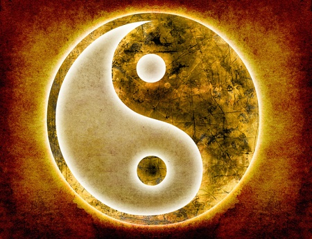 yin and yang symbol on old paper grungeの写真素材