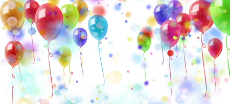 shower of confetti and colorful balloons on white backgroundの写真素材