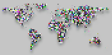 World map with colourful circle dots grid pattern textured and isolated on gray backgroundの写真素材