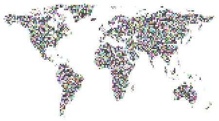World map with colourful circle dots grid pattern textured and isolated on white backgroundの写真素材