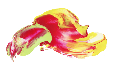 Bright red yellow and light green paint isolated on white background. Abstract opaque smear paint. Paint strokes with brush and painting-knife. Flame-shaped, concept, motion, creativity.の写真素材