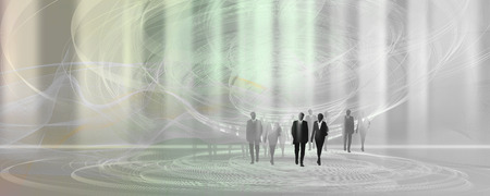 Illustrated silhouettes human robots on a futuristic graphic background environment. Artificial intelligence team concept.の写真素材