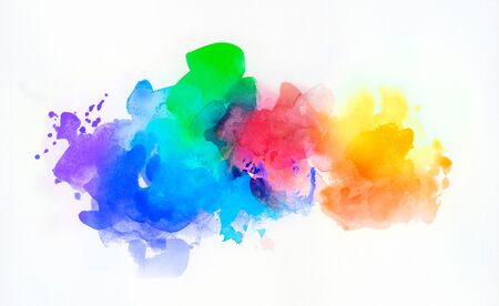 Bright rainbow colored watercolor paints and different colorful textures combined and isolated on white paper. Art, craft, creativity, concept, background.の写真素材