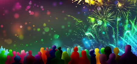 stars and lights pattern of bright sparkling fireworks with stars and circle shapes and illustrated spectator silhouettesの写真素材