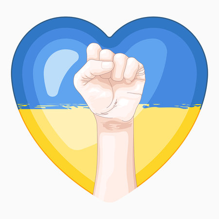 Ukraine flag in the shape of a heart with a hand. Vector illustration.のイラスト素材