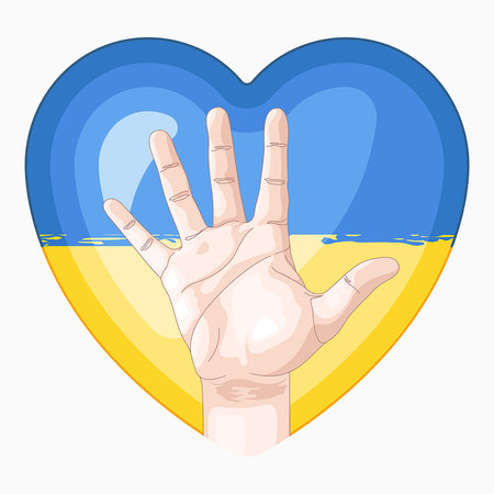 Hand with Ukrainian flag in the shape of heart. Vector illustration.のイラスト素材