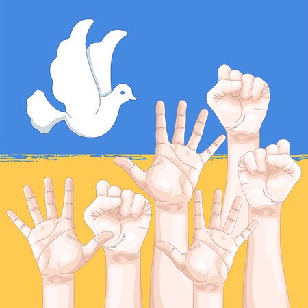 Ukrainian flag with hands and dove of peace. Vector illustration.のイラスト素材