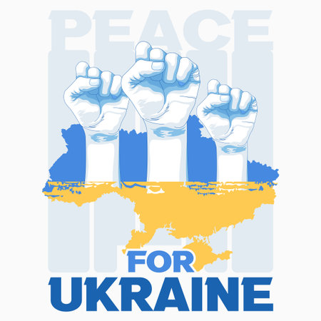 Pray for Ukraine. Vector illustration of Ukrainian flag with clenched fists.のイラスト素材