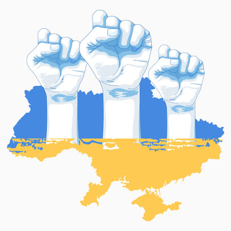 Ukrainian flag with clenched fists in support of Ukraine. Vector illustration.のイラスト素材