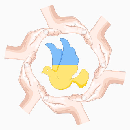 Illustration of hands holding a dove with Ukraine flag in the centerのイラスト素材