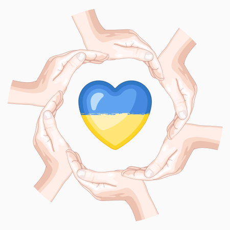 Ukraine flag in heart shape made of hands. Vector illustration on white background.のイラスト素材