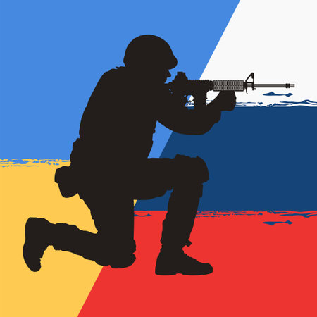 Soldier with a machine gun on the background of the flag of Russiaのイラスト素材