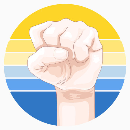 Illustration of a fist raised up on a colorful background with stripesのイラスト素材