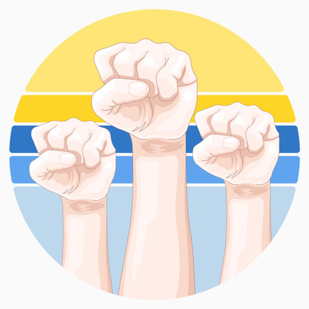 Raised hands in the colors of the flag of Argentina. Vector illustrationのイラスト素材