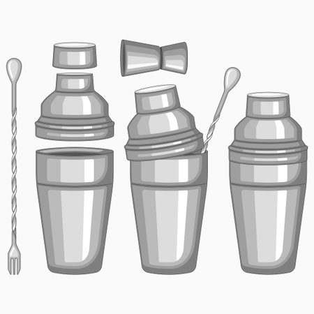 Cocktail shaker set. Vector illustration in monochrome style.のイラスト素材
