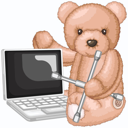 Teddy bear with wrench and laptop. Vector illustration of a toy.のイラスト素材