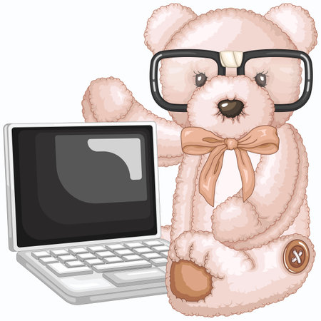 Teddy bear with laptop and eyeglasses. Vector illustration.のイラスト素材