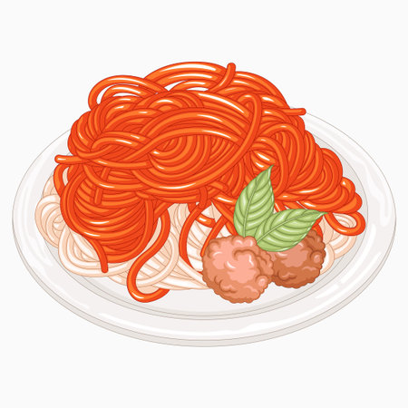 Spaghetti with meatballs and tomato sauce on plate. Vector illustration.のイラスト素材