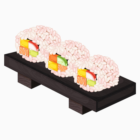 Illustration of Sushi Roll with Salmon, Cream Cheese, Avocado, Cucumber and Cream Cheese insideのイラスト素材